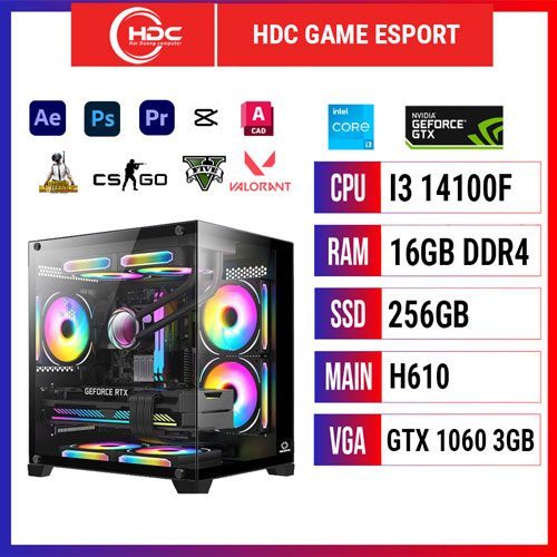 PC HDC GAME ESPORT CPU Intel i3 14100F – RAM 16GB DDR4 – SSD 256GB – MAIN H610M - VGA GTX 1060 3GB 2FAN